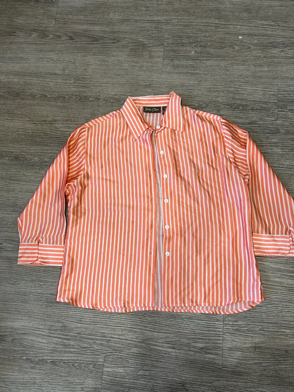 Bobby Chan Silk Button Front Shirt Men XL Orange Pink Stripe Long Sleeve Vintage